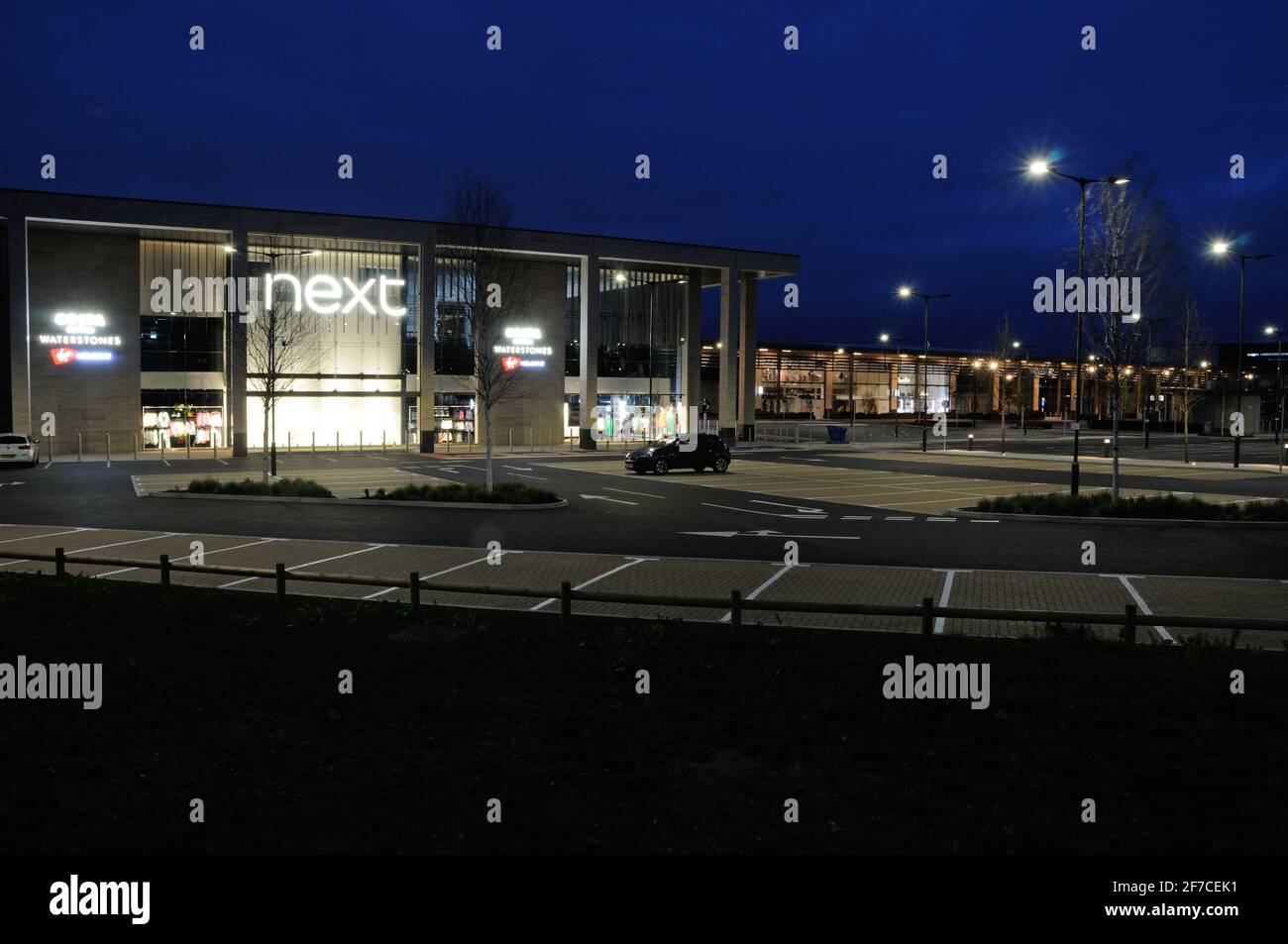 'Next' store and the new extension of Fosse Park, Fosse Park West, before general opening on 12th April 2021, in Enderby, Leicestershire, England Stock Photo