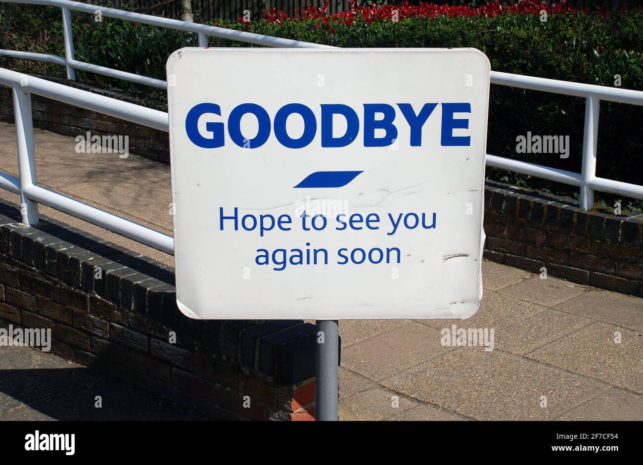 A goodbye notice at the exit of a Tesco supermarket at Tenterden in Kent, England on April 4, 2021. Stock Photo