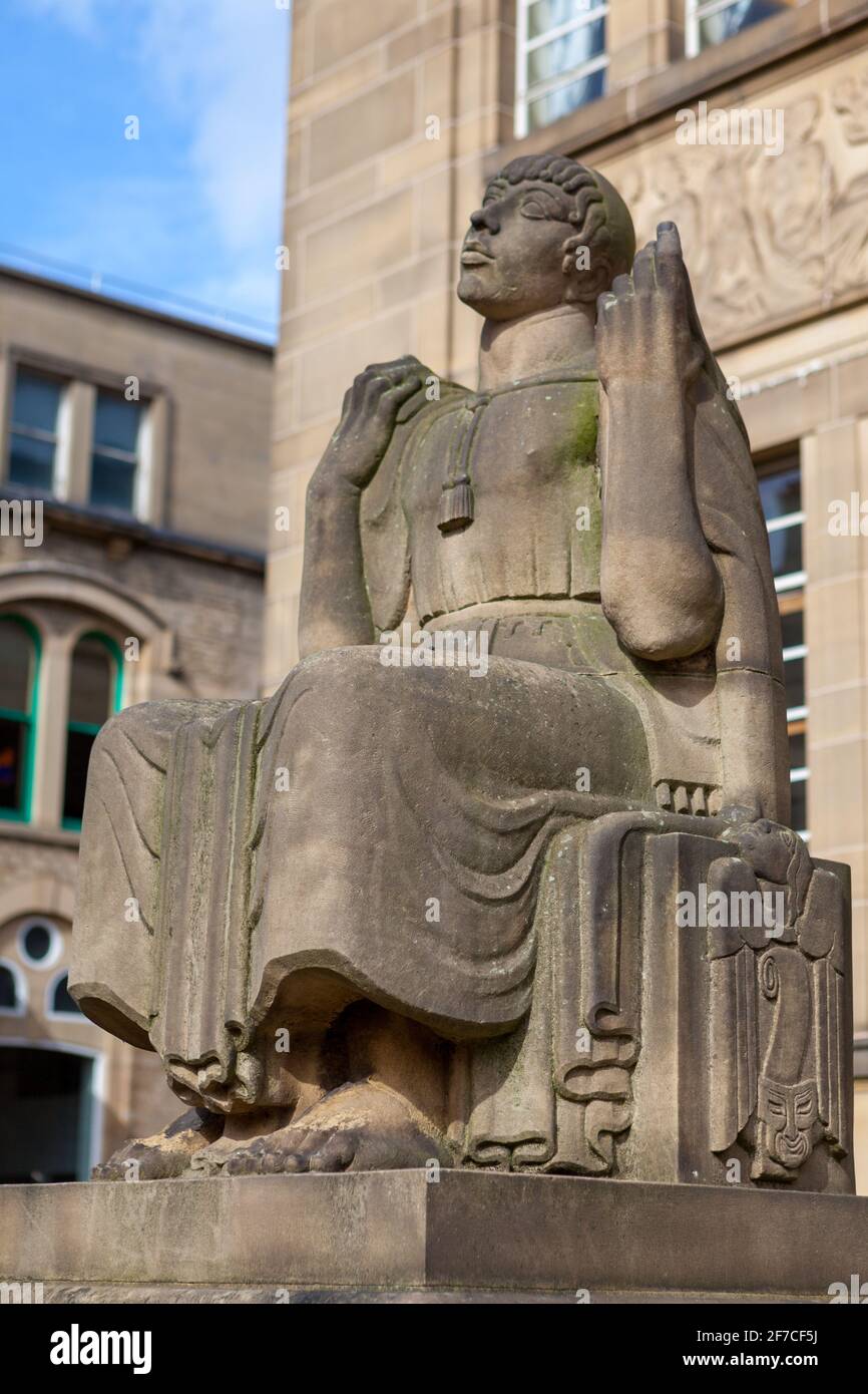 Sculpture of a female figure representing art by James Woodford outside Huddersfield Art Gallery and Library Stock Photo