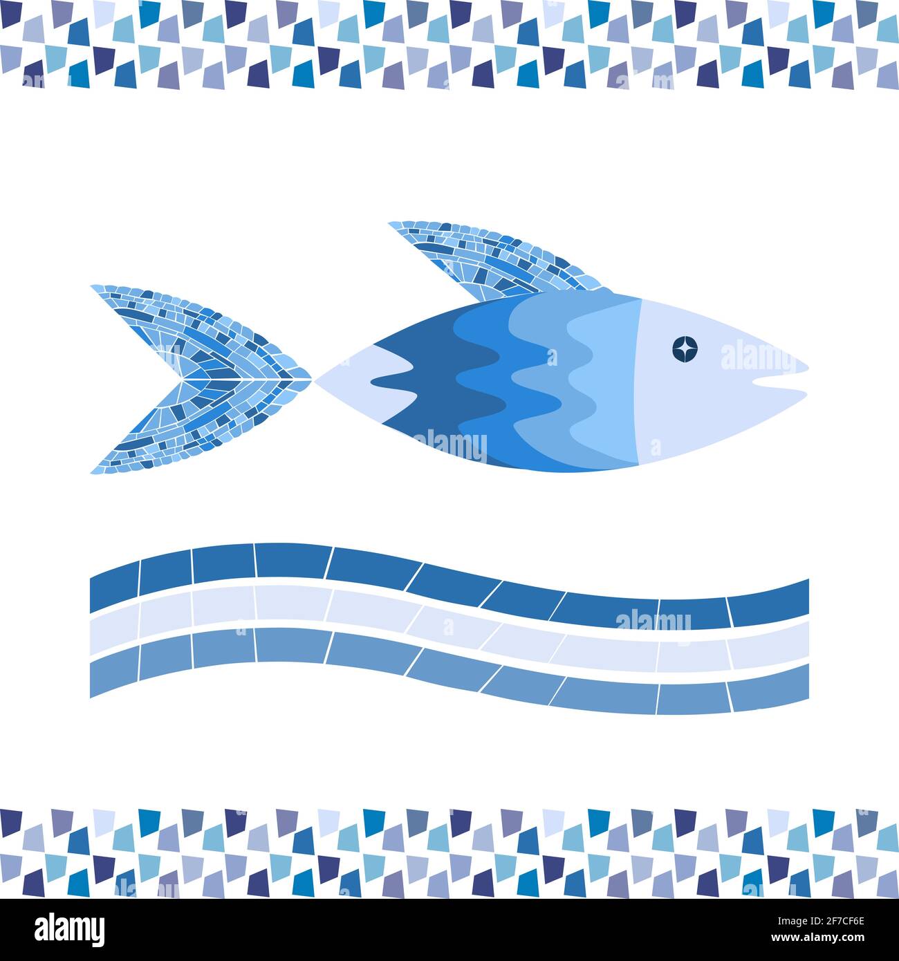 Mosaic Blue Fish. Vector illustration for swimming pool or bathroom design. Image for emblem. Isolated Stock Vector