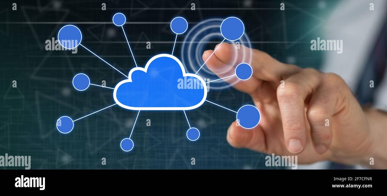Man touching a cloud networking on a touch screen with his finger Stock ...