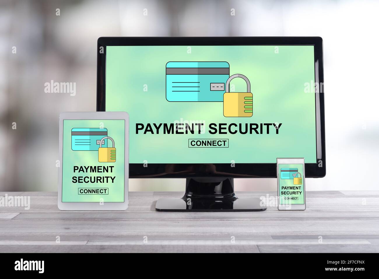 Payment security concept shown on different information technology devices Stock Photo