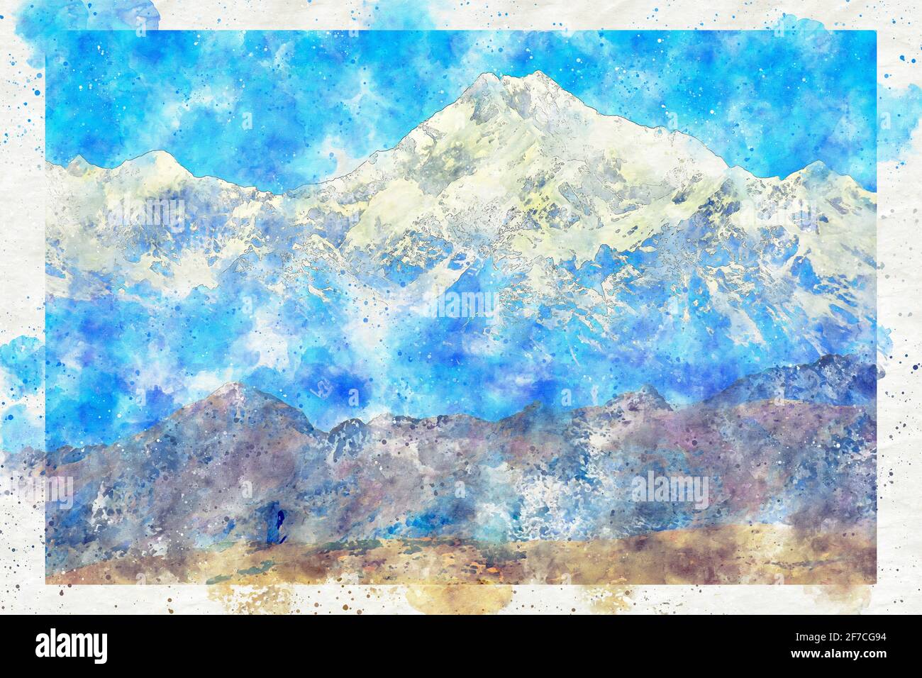 Majestic view of mount Kanchenjunga from Sikkim, digitaly painted in watercolor Stock Photo