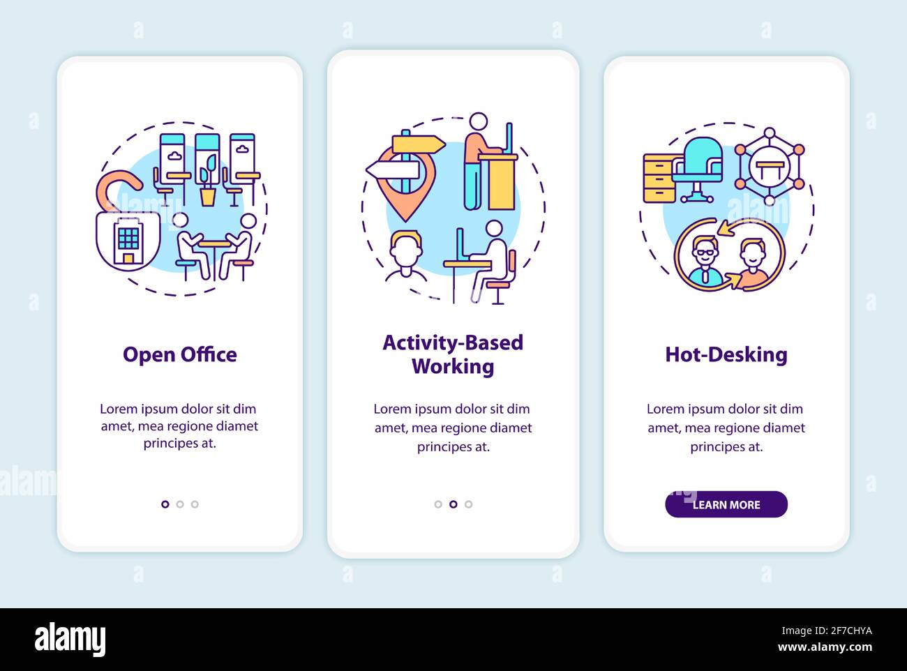 Future office environments onboarding mobile app page screen with concepts Stock Vector