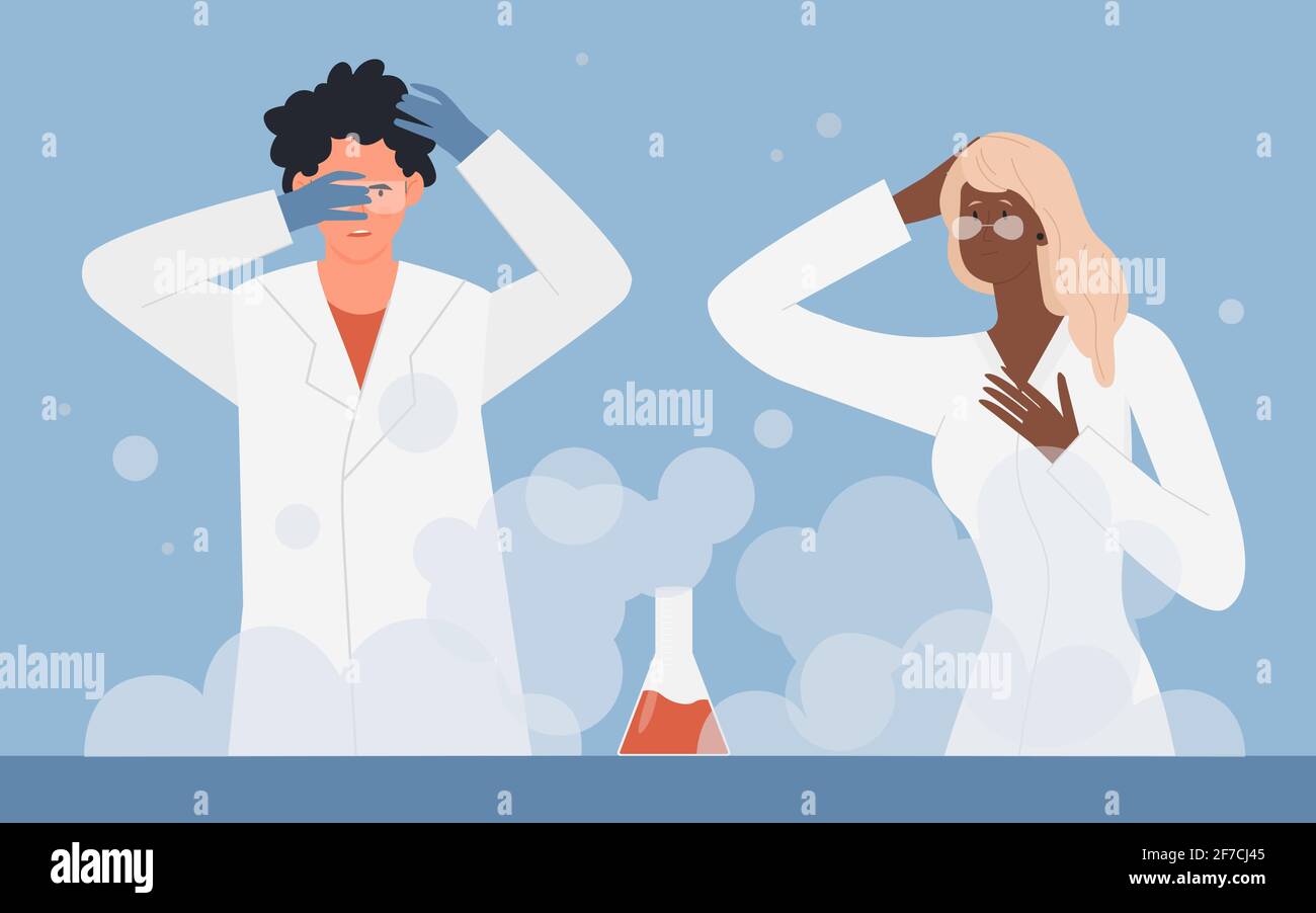 Chemistry beaker scientific experiment process, chemical reaction and scientist people Stock Vector