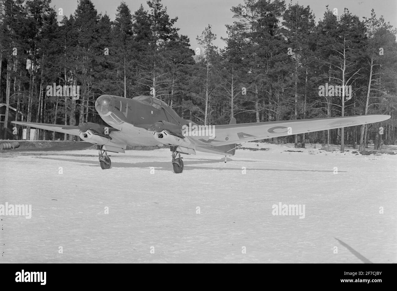 Pharmacies Airplane Type P 6, 1944  The map of the map P 6 with registration designation SE-KAC, winter time. The aircraft seen obliquely from the front. Stock Photo