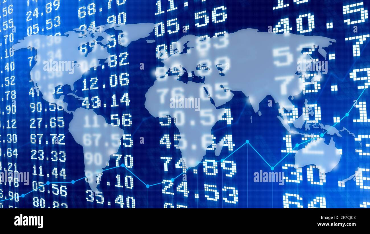 World map over financial figures or exchange rates on stock exchange board and line graphs. Abstract stock market analysis or finance background. Stock Photo