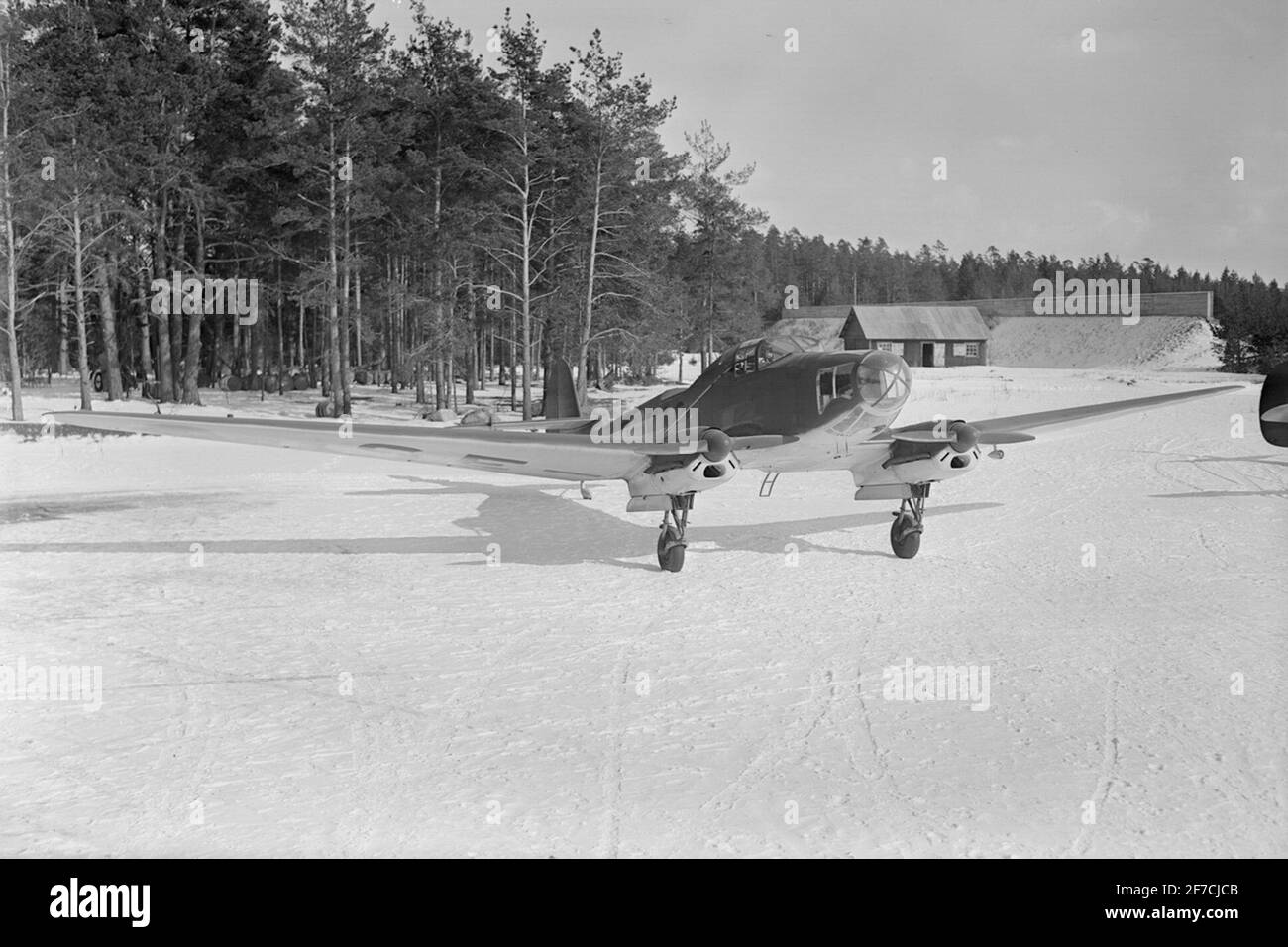 Pharmacies Airplane type P 6, 1944  Pharmacoret's aircraft Type P 6 with registration designation SE-KAC, winter time..plane seen from the front. Stock Photo