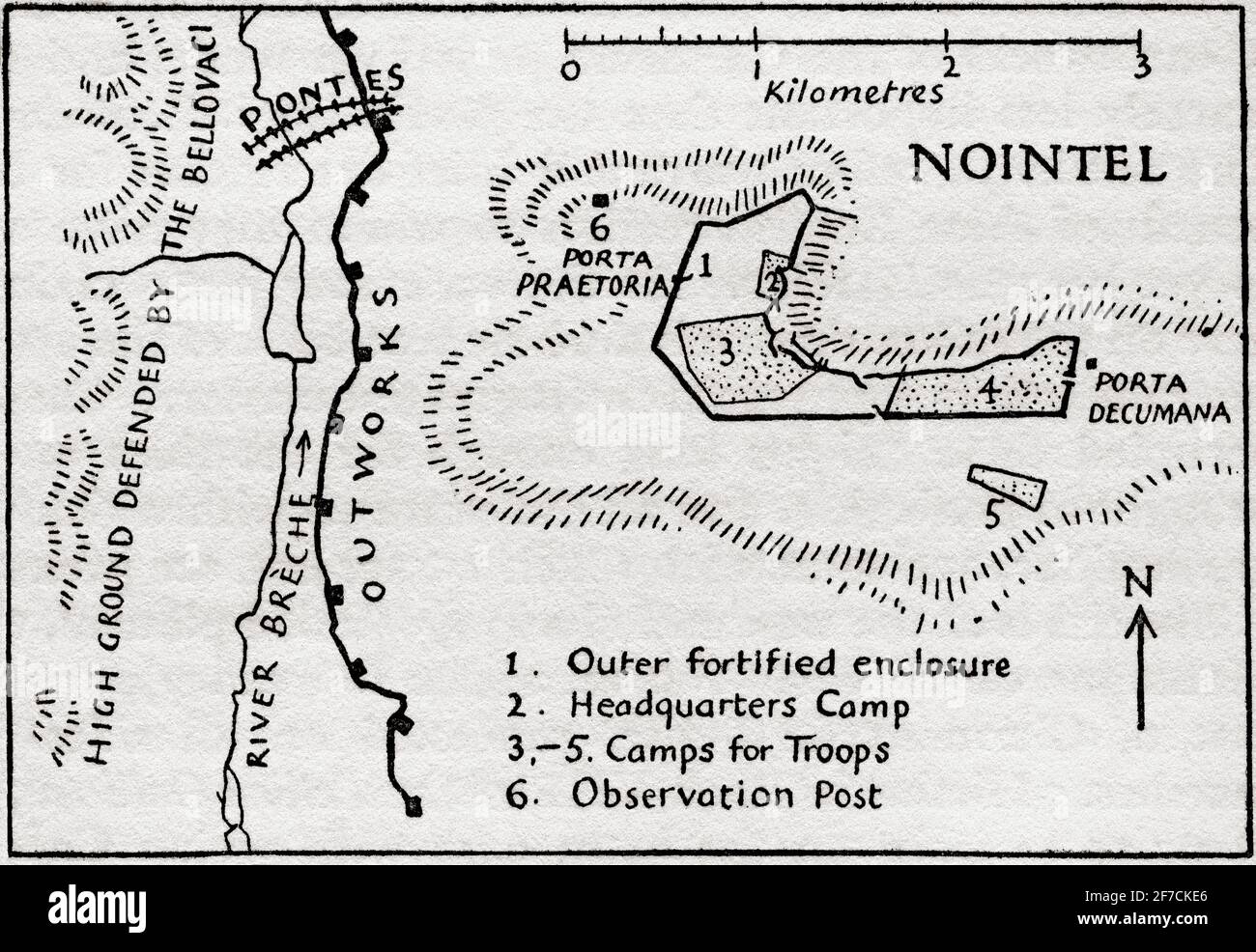 Julius Caesar's camps at Nointel, Oise, France, 51 BC, showing the outer fortified enclosure, headquarters camp, camps for troops and observation post.  After an illustration by Edgar Holloway. Stock Photo