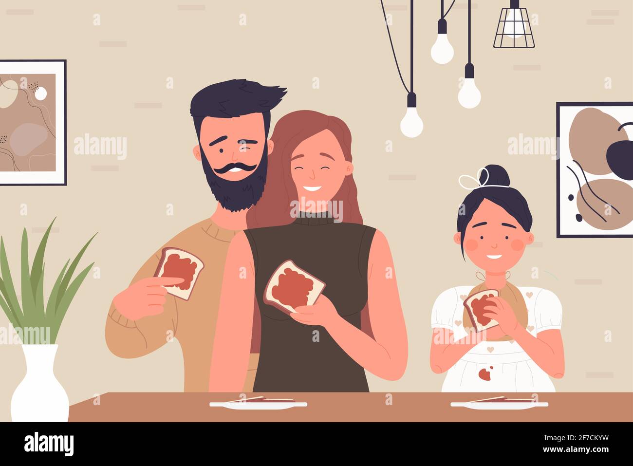Happy young family people eat toast with jam on breakfast or lunch in kitchen interior Stock