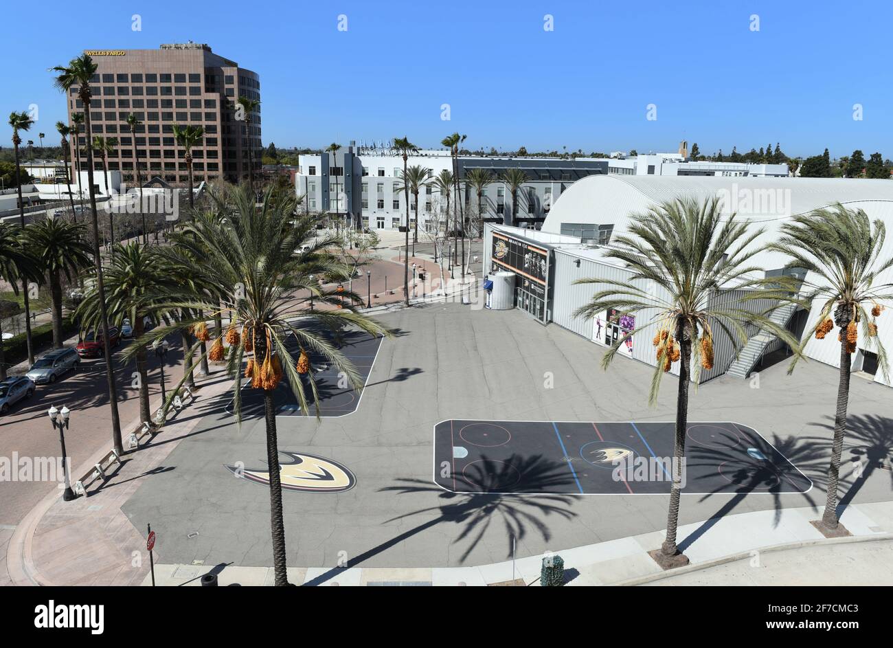 ANAHEIM, CALIFORNIA - 31 MAR 2021: High angle view of Anaheim Ice, Harbor Lofts and Wells Fargo Building in the Ctr City area of Anaheim. Stock Photo
