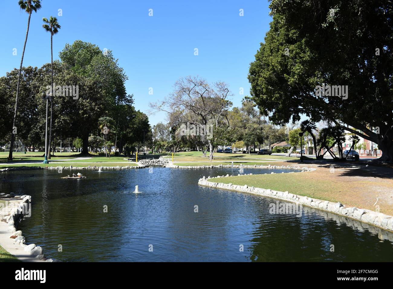 ANAHEIM, CALIFORNIA - 31 MAR 2021: Pearson Pond in the park named in honor of former Mayor Charles A. Pearson Stock Photo