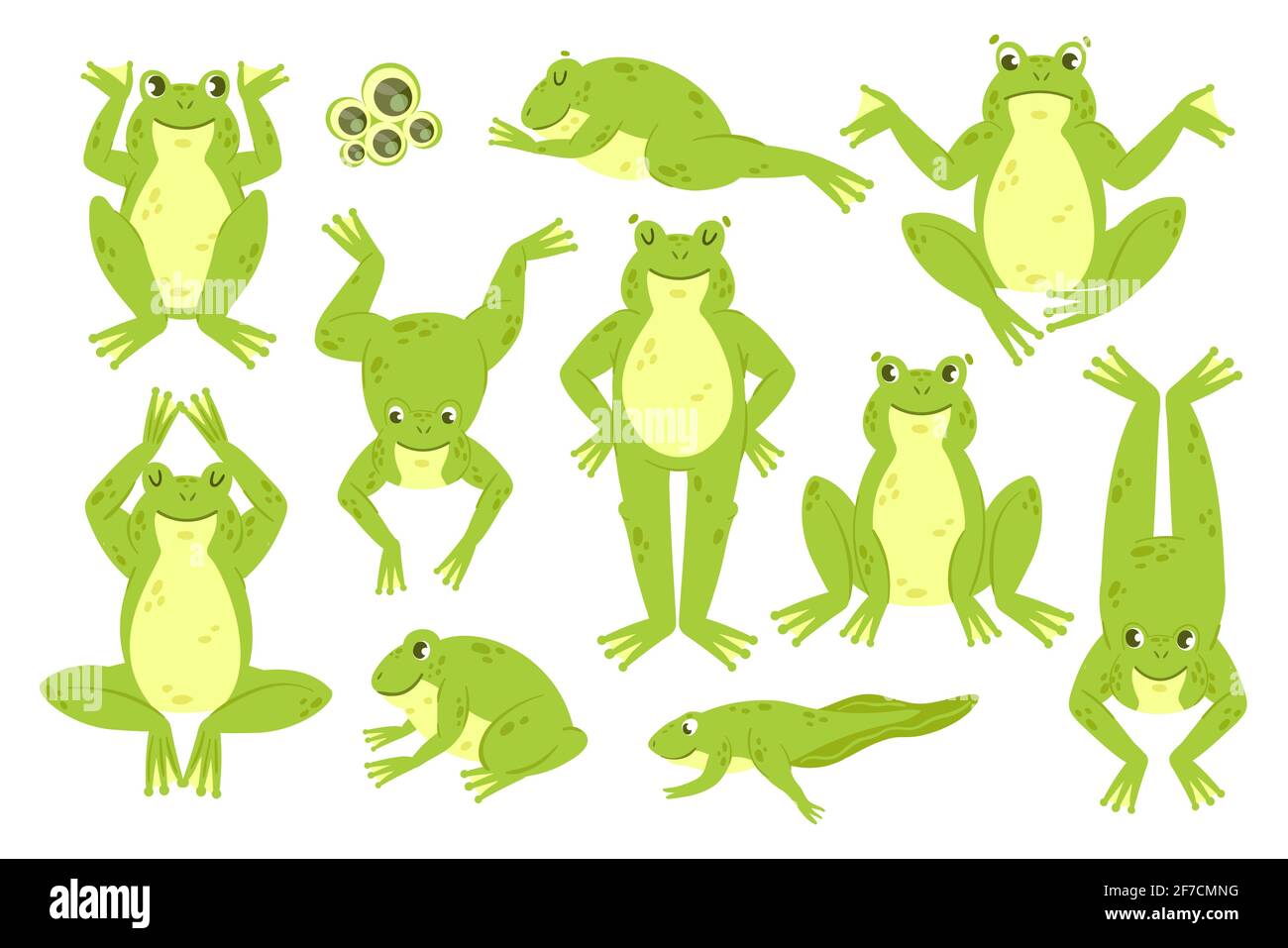 Frog cute set, funny happy green frog characters croak jump hop leap sleep collection Stock Vector