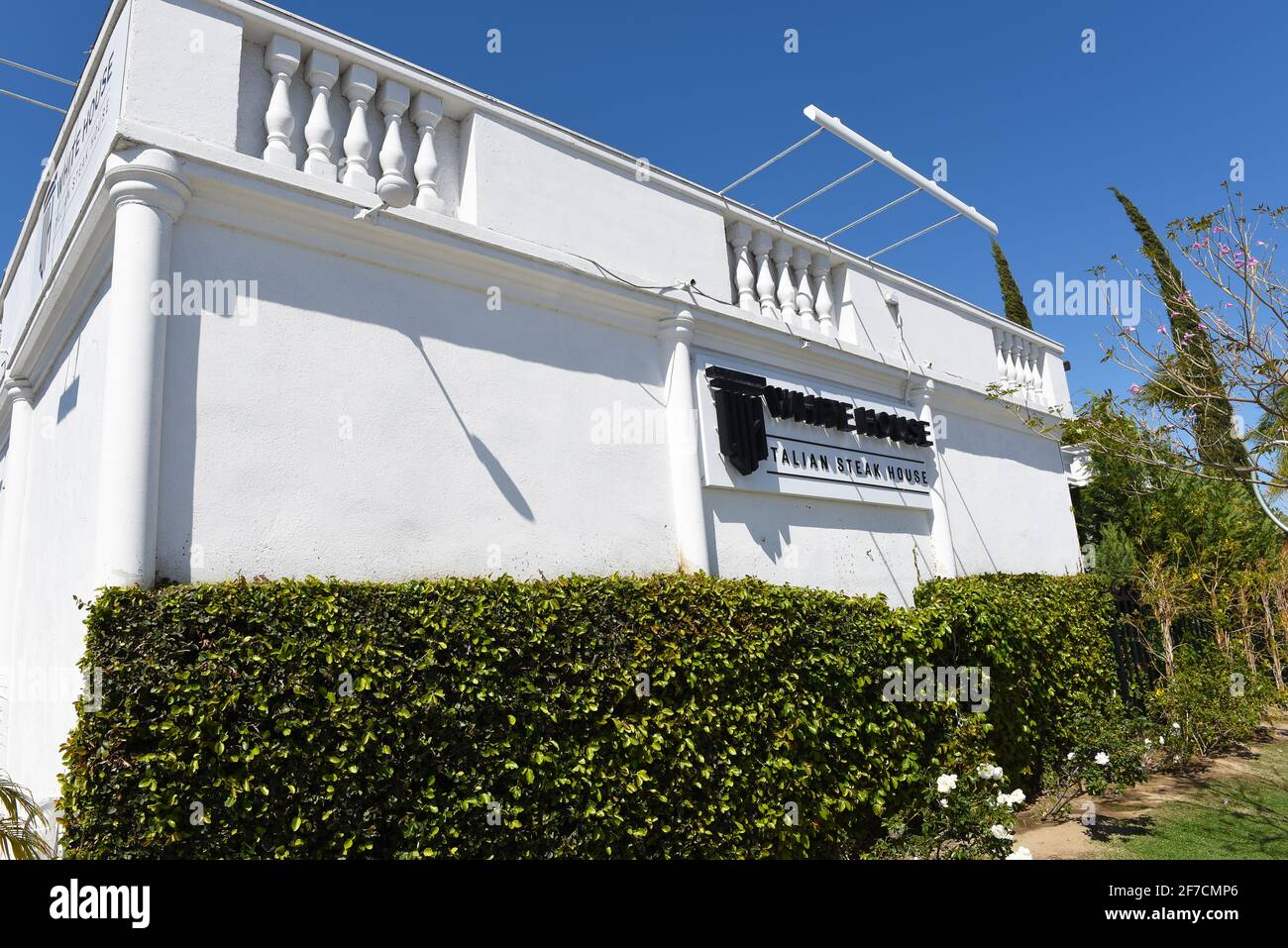 ANAHEIM, CALIFORNIA - 31 MAR 2021: Closeup of the sign on The White House Italian Steak House, by Philanthropist  and Celebrity Chef Sir Bruno Serato. Stock Photo