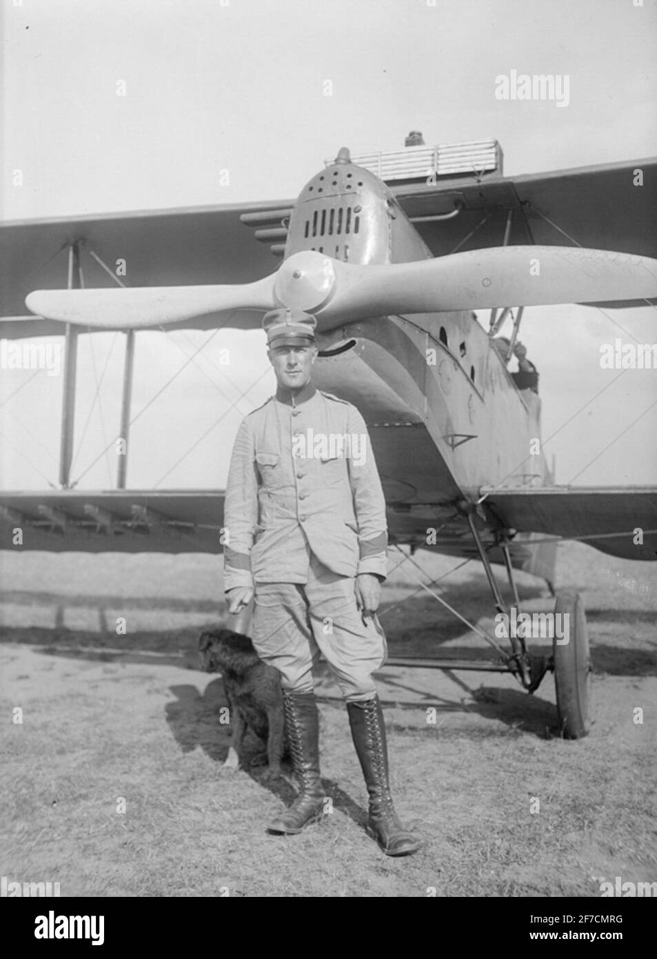 Portrait with Dropt Portrait of Lieutenant by aircraft on the ore. Stock Photo