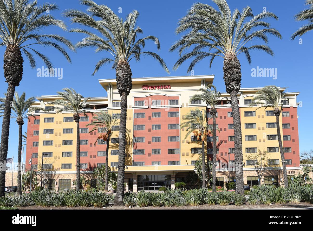 GARDEN GROVE, CALIFORNIA - 31 MAR 2021: Sheraton Hotel on Harbor Boulevard int he Anaheim Resort Area Stock Photo