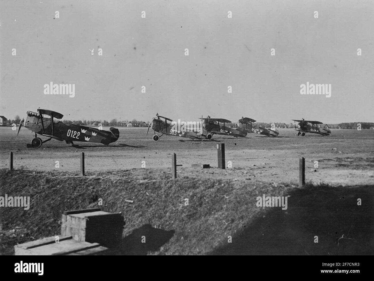 Phönix C.I and four Phönixjagare on an airfield, 1920 . Airplane Phönix C.I marked number 0122 and four aircraft Phönixjagaren marked number 963, 957, 959 and 957 from the aircraft company stands on an airfield. Side view. Stock Photo