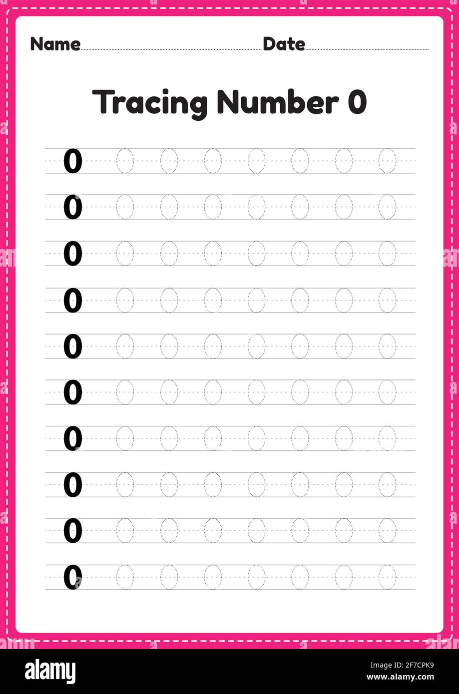 Tracing number 0 worksheet for kindergarten and preschool kids for educational handwriting practice in a printable page. Stock Vector