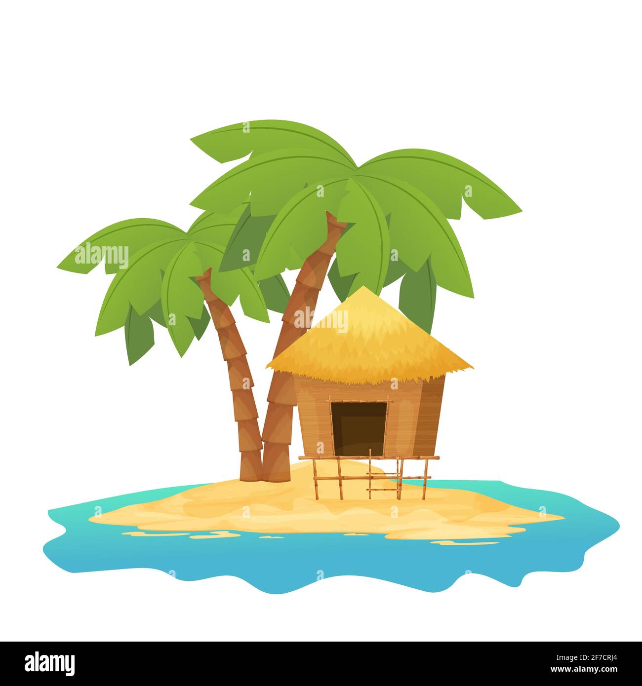 Beach hut or bungalow with straw roof, wooden on tropic island with palm tree in cartoon style isolated on white background. Bamboo cabin, small house exotic object. Vector illustration Stock Vector