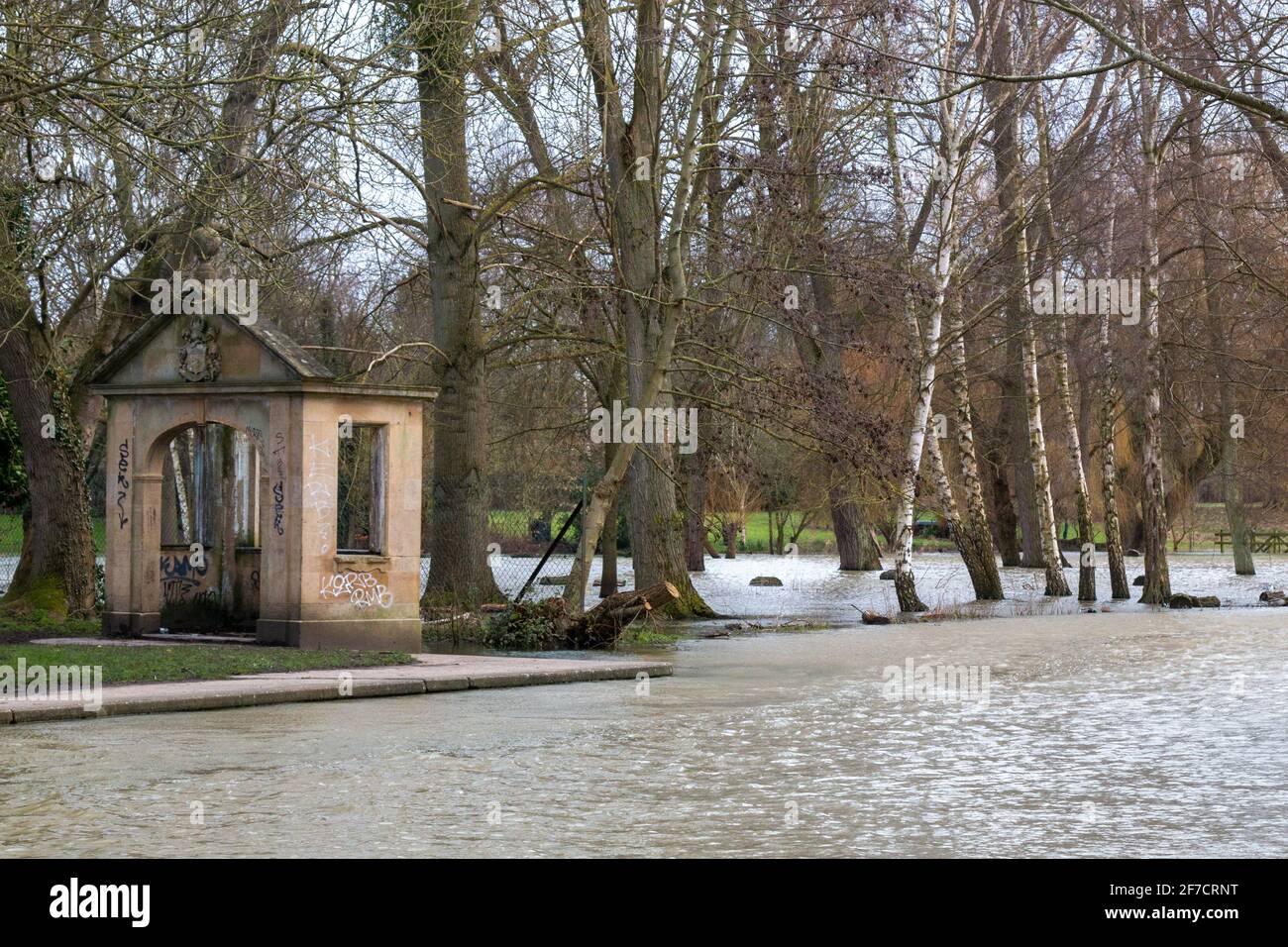 Winter floods, 2021, the river Cam has burst it's banks and flooded the field next to Hodson's Folly summerhouse and swimming point.Cambridge, UK Stock Photo