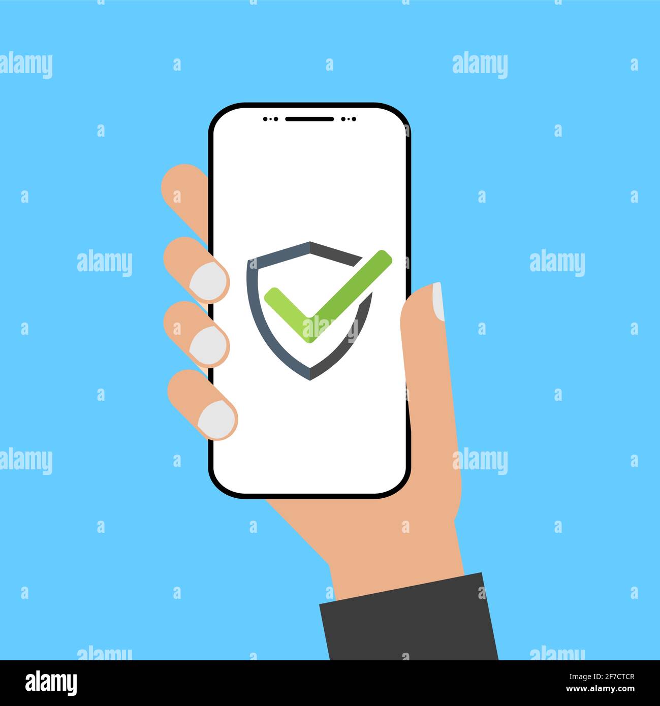 Modern design style hand holding the smartphone with shield screen ...