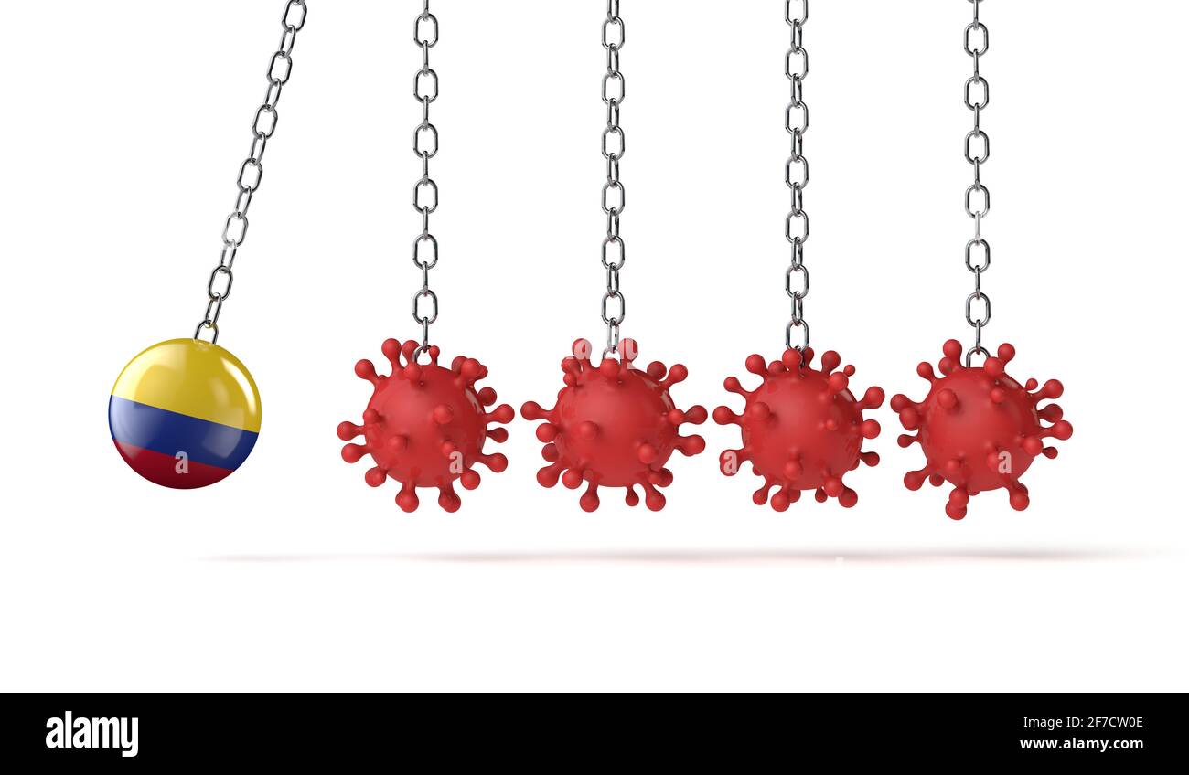 Colombia flag ball hits into a line of coronavirus molecules. 3D Rendering Stock Photo