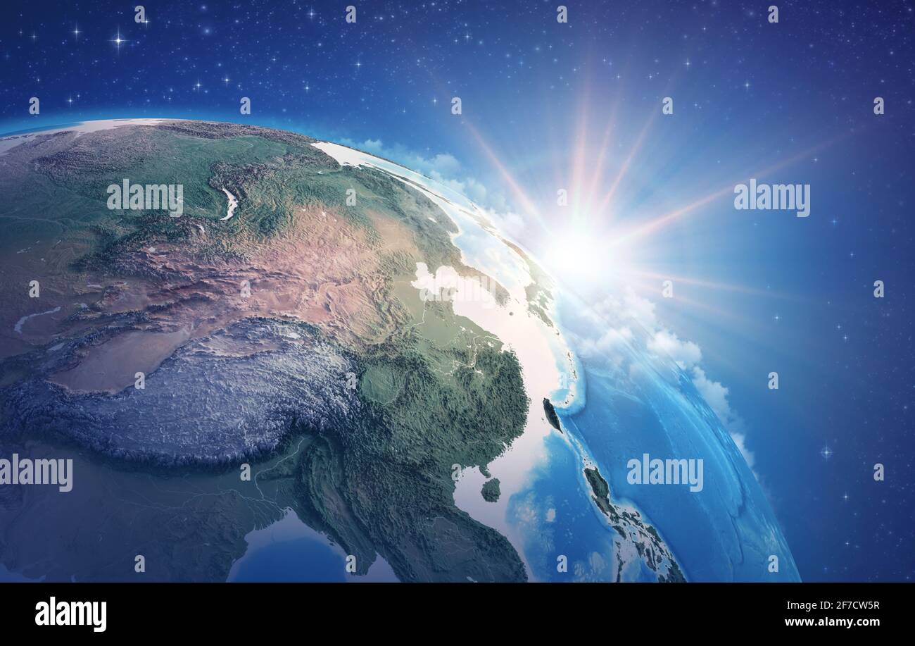 Sunrise through clouds, upon a high detailed satellite view of Planet Earth, focused on China, East Asia - Elements furnished by NASA Stock Photo
