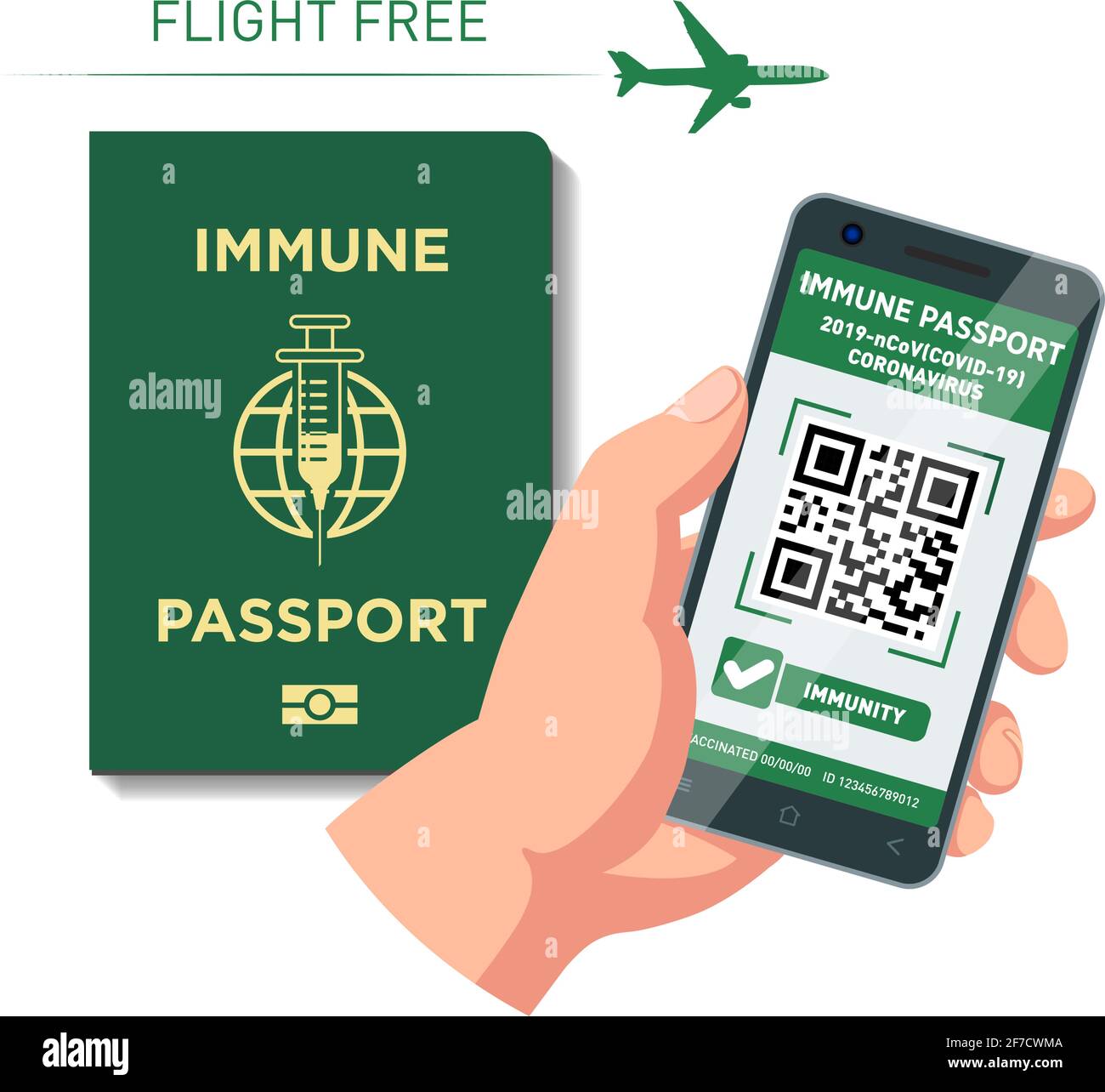 Digital and paper Vaccination immune passport for flight. Safety travel after the Covid-19 pandemic. Vector on transparent background Stock Vector