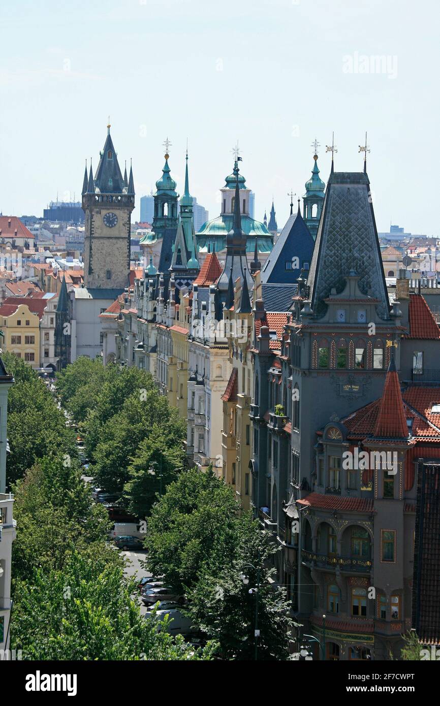 Top view of Prague's Parizska Street towards the rooftops and towers
