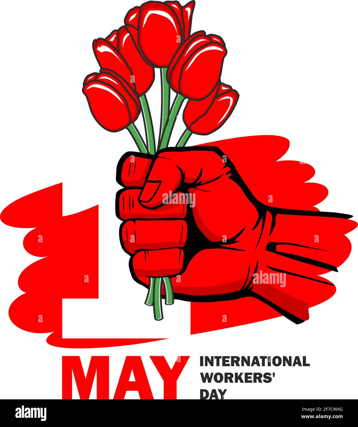 May Day greeting card for International Workers' Day. May 1 - symbol of revolutionary protest is red clenched fist raised up with red tulip flowers. V Stock Vector