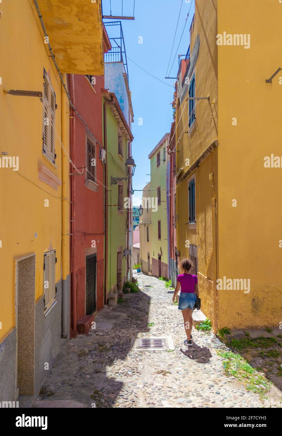 Bosa (Sardinia, Italy) - A view of the touristic and charming colorful old town in the marine coast of Oristano, one of the most beautiful on Sardegna Stock Photo