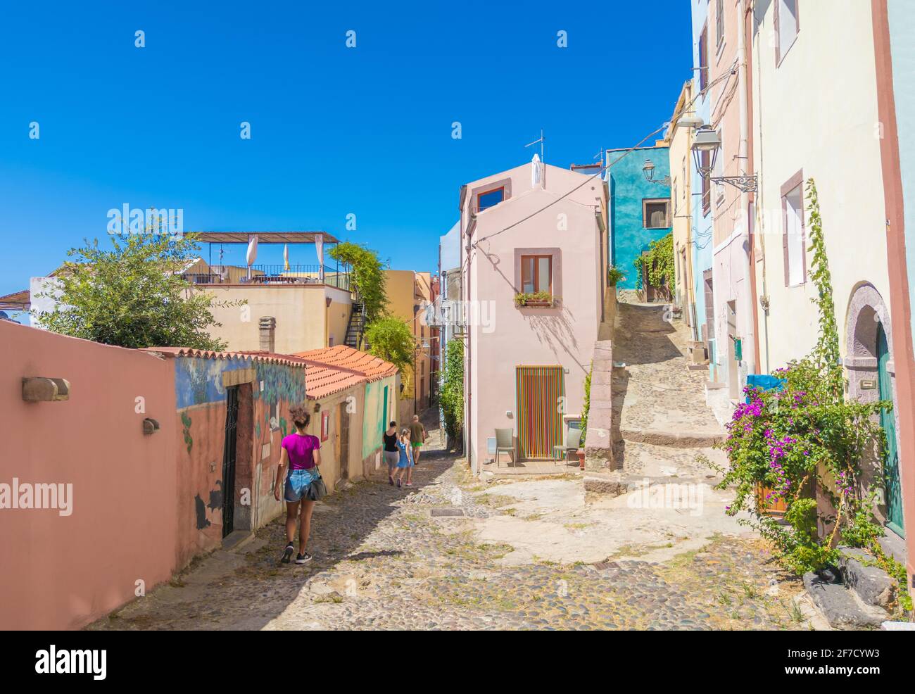 Bosa (Sardinia, Italy) - A view of the touristic and charming colorful old town in the marine coast of Oristano, one of the most beautiful on Sardegna Stock Photo