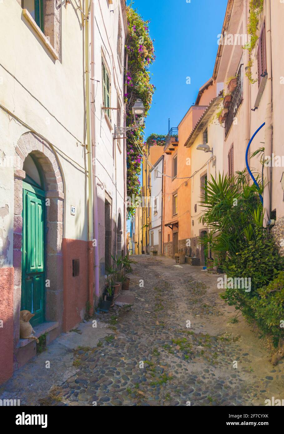 Bosa (Sardinia, Italy) - A view of the touristic and charming colorful old town in the marine coast of Oristano, one of the most beautiful on Sardegna Stock Photo