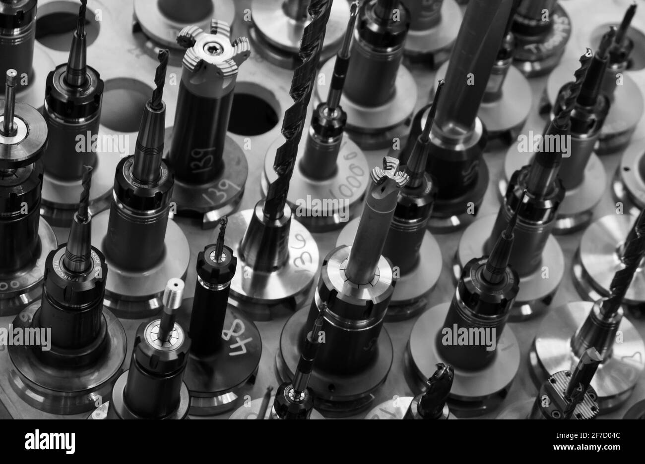 Machine Shop Tools in Tool Holders Awaiting Work Stock Photo