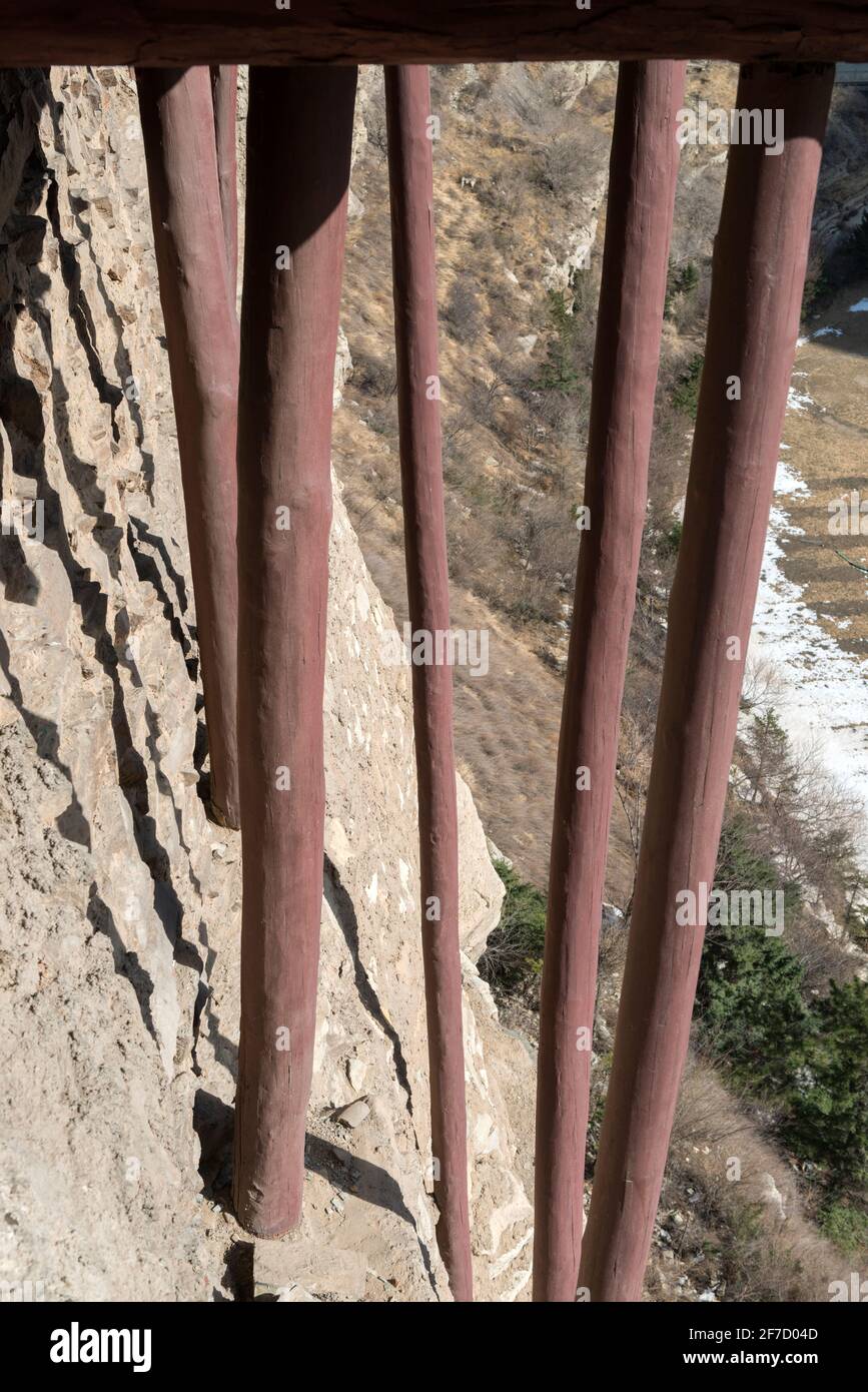 Wooden pillars of XuanKong Si (Hanging Temple)  at the foot of Hengshan Mountain in Shanxi Province, about 300 miles southwest of Beijing, China. Stock Photo