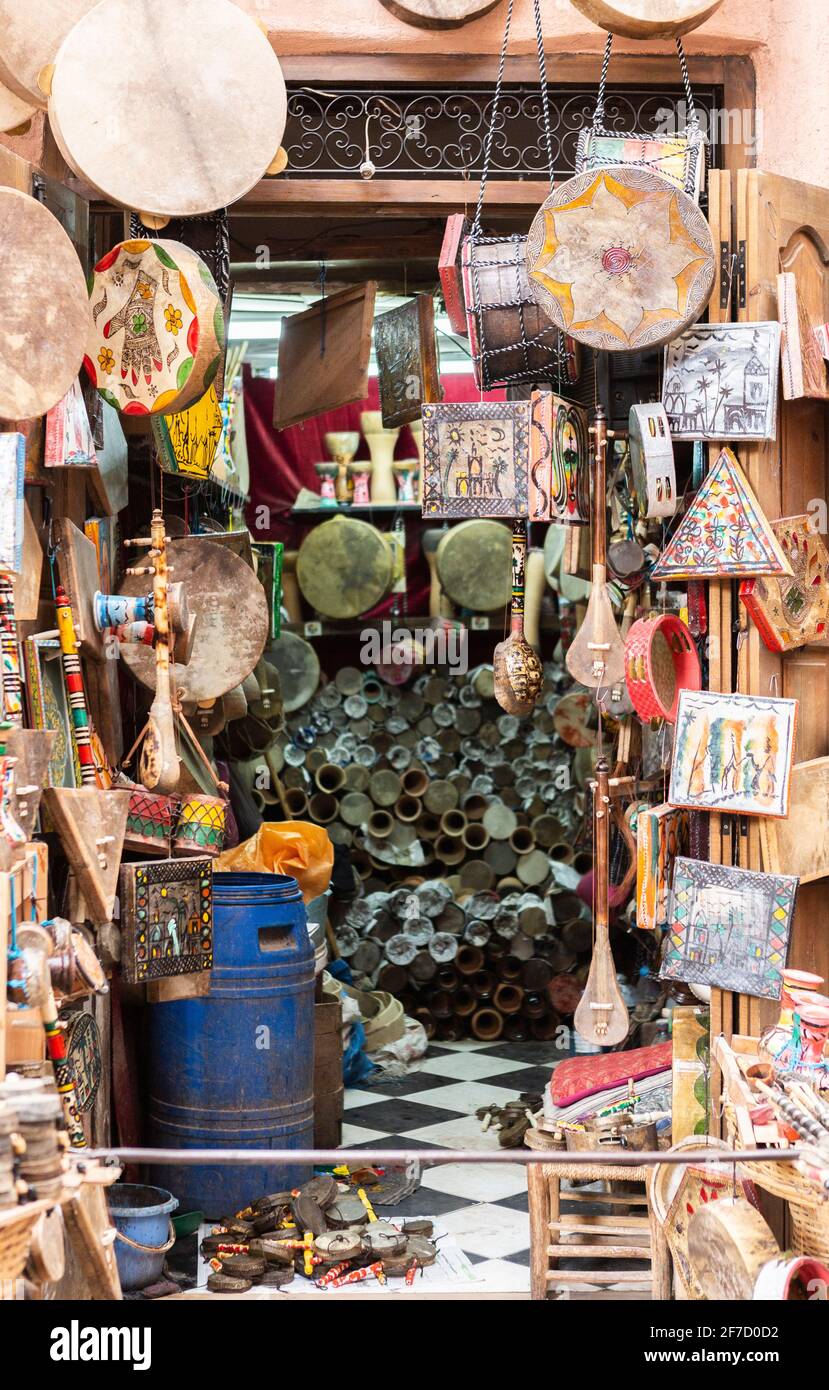 Musical instruments in souk Kimakhine in Marrakech, Morocco Stock Photo