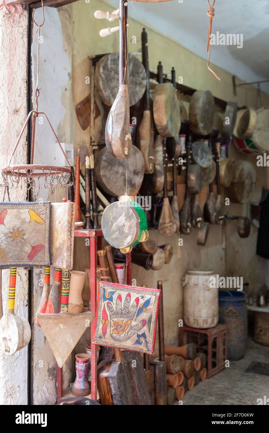 Musical instruments in souk Kimakhine in Marrakech, Morocco Stock Photo