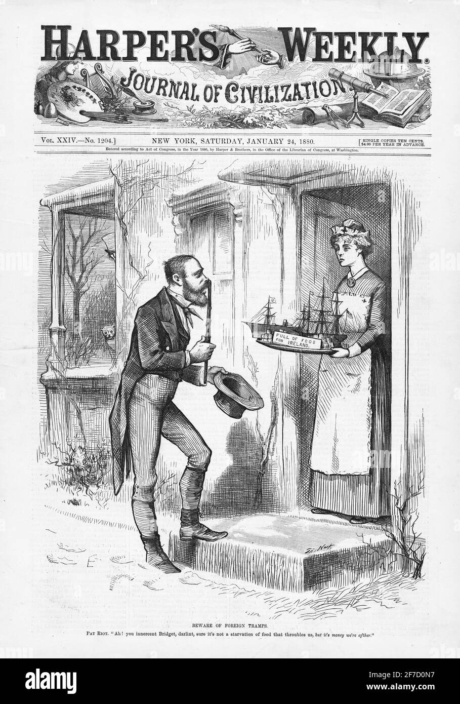 Cover of a January 1880 edition of Harper's Weekly featuring a cartoon by Thomas Nast entitled 'Beware of Foreign Tramps' Stock Photo