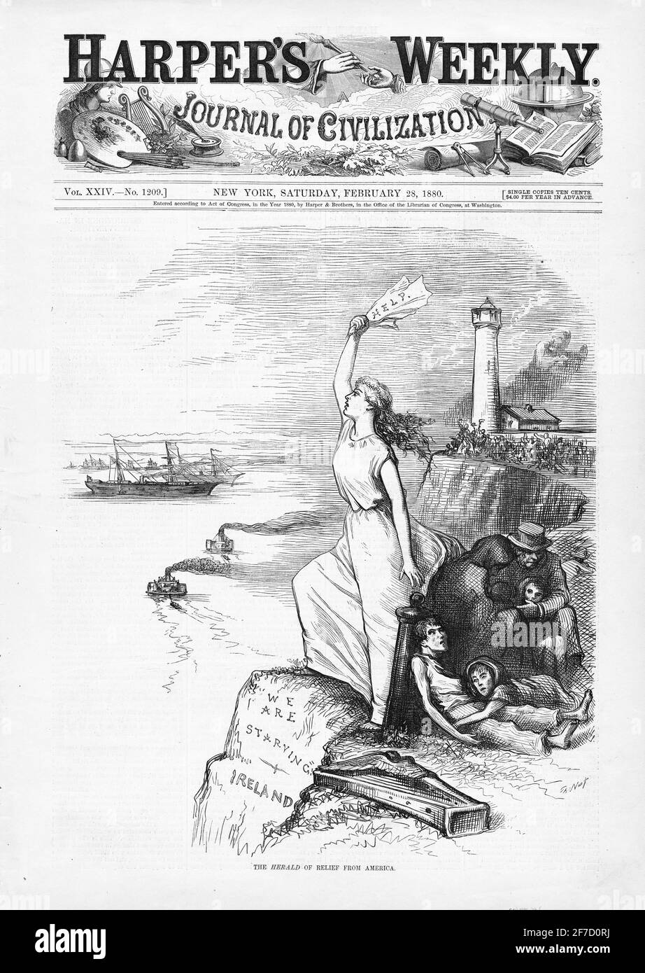 Thomas Nast, February 1880 cover of Harper's Weekly depicting the Irish Famine of 1879. The illustration is entitled ' The Herald of relief from America'. A woman is standing on an Irish cliff with a sign saying 'Help' with an inscription below saying 'We are starving - Ireland'. Stock Photo