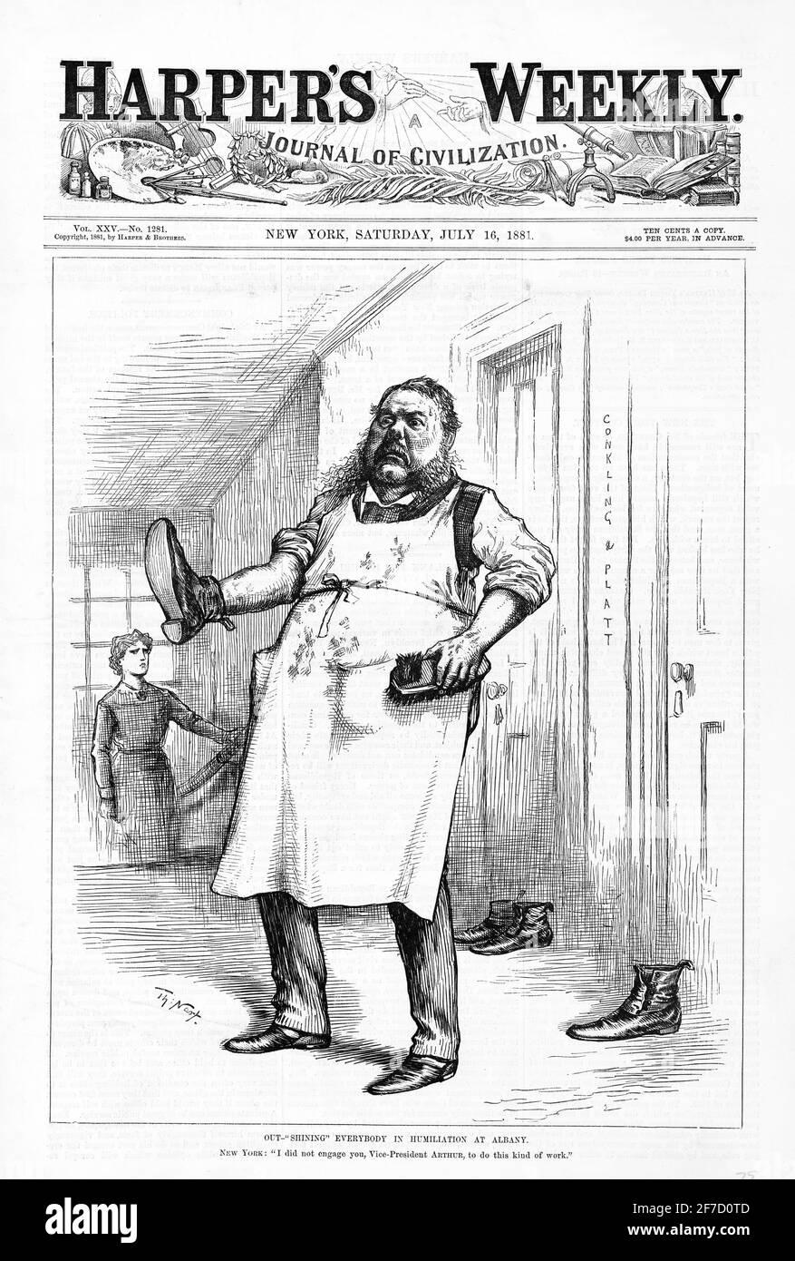 Thomas Nast, July 1881 cartoon on the cover of Harper's Weekly, depicting US President, Chester Arthur. The illustration is entitled ' Out Shining Everybody in Humiliation at Albany'. Stock Photo