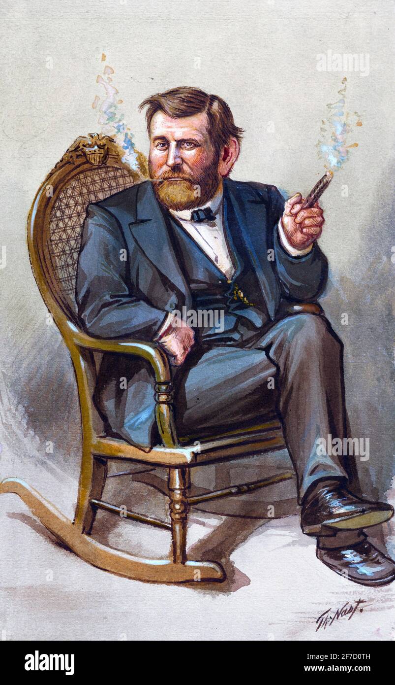 Drawing of President Ulysses S Grant by the American caricaturist and cartoonist, Thomas Nast (1840-1902), watercolor on paper, 1872 Stock Photo