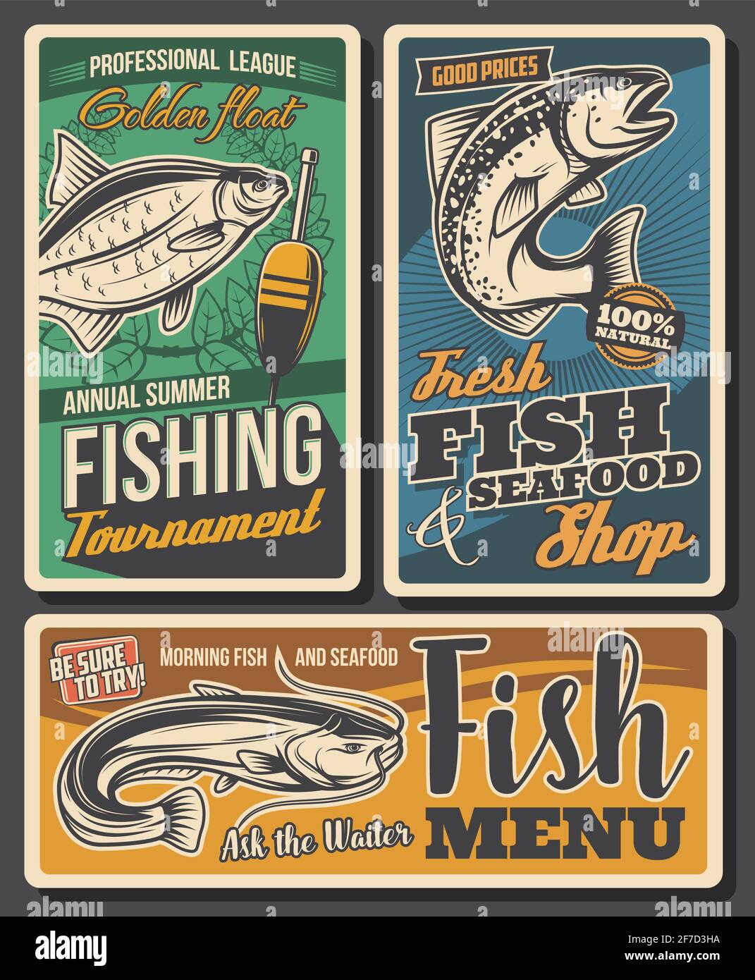 Fishing tournament, seafood shop vector banners Stock Vector