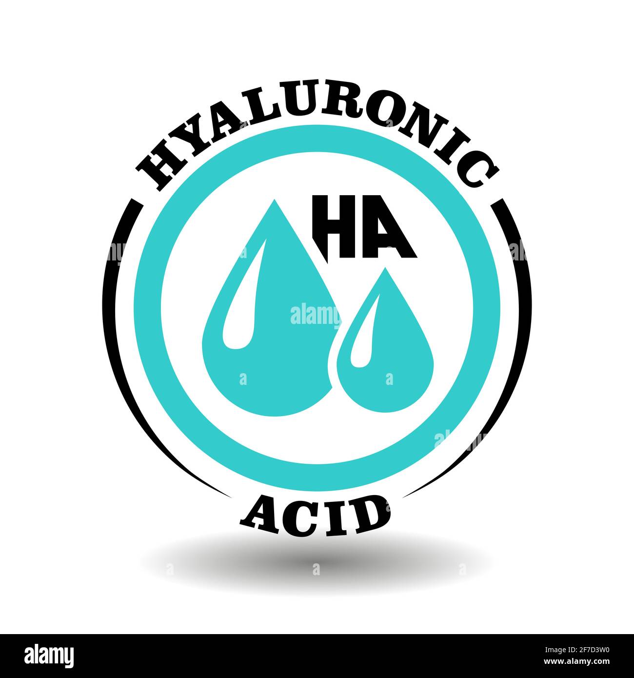 Round vector icon of Hyaluronic acid component with drop sign for HA medical labeling, contain Hyaluron ingredient cosmetics package, anti-age beauty Stock Vector