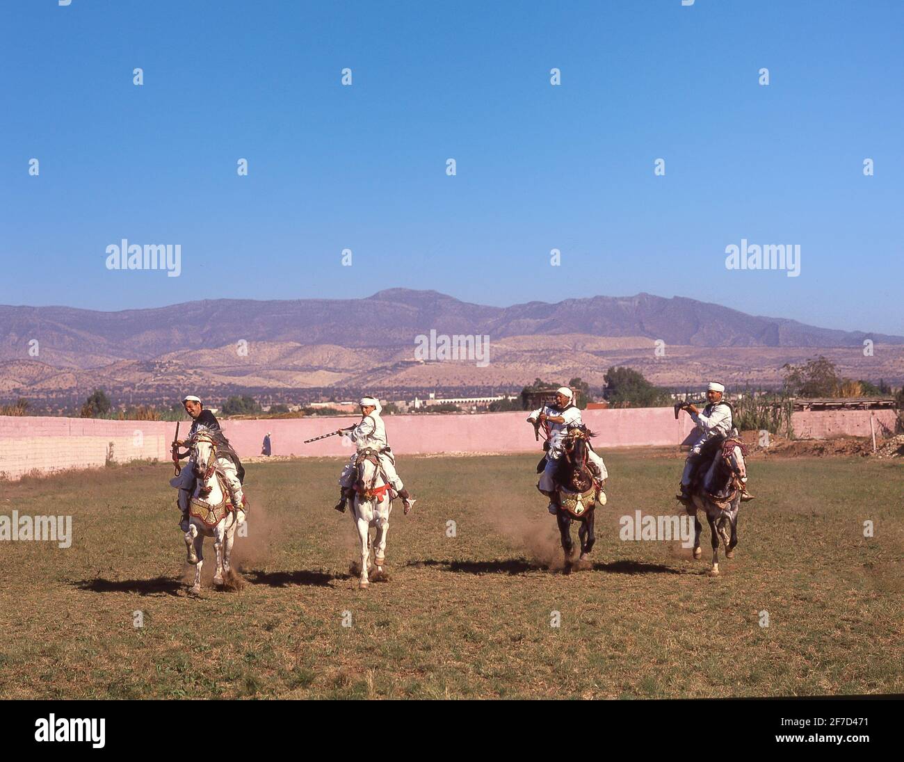 Horse-riding display at Fantasia Show, Agadir, Souss-Massa-Draâ Region, Morocco Stock Photo