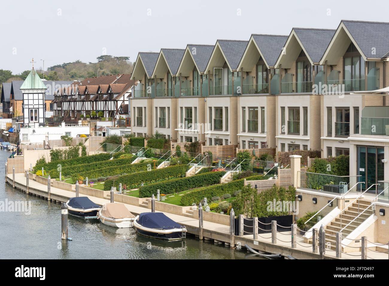 Waterfront villas from Maidenhead Bridge, River Thames, Maidenhead, Berkshire, England, United Kingdom Stock Photo