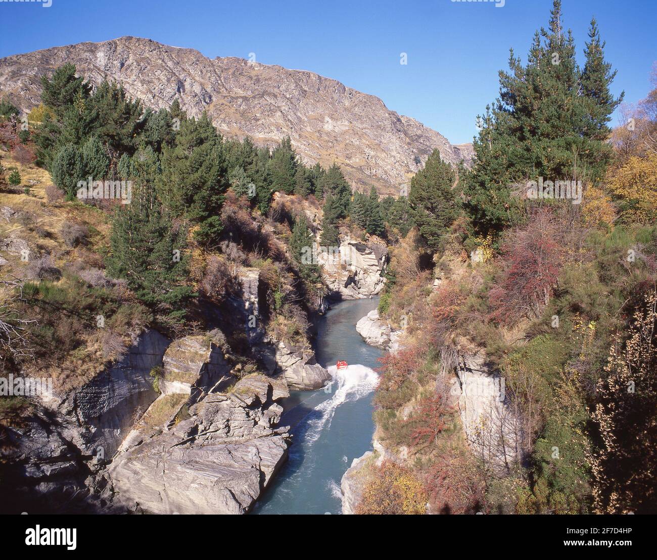 The Shotover Jet ride through the Shotover River Canyon, Queenstown, Otago Region, South Island, New Zealand Stock Photo