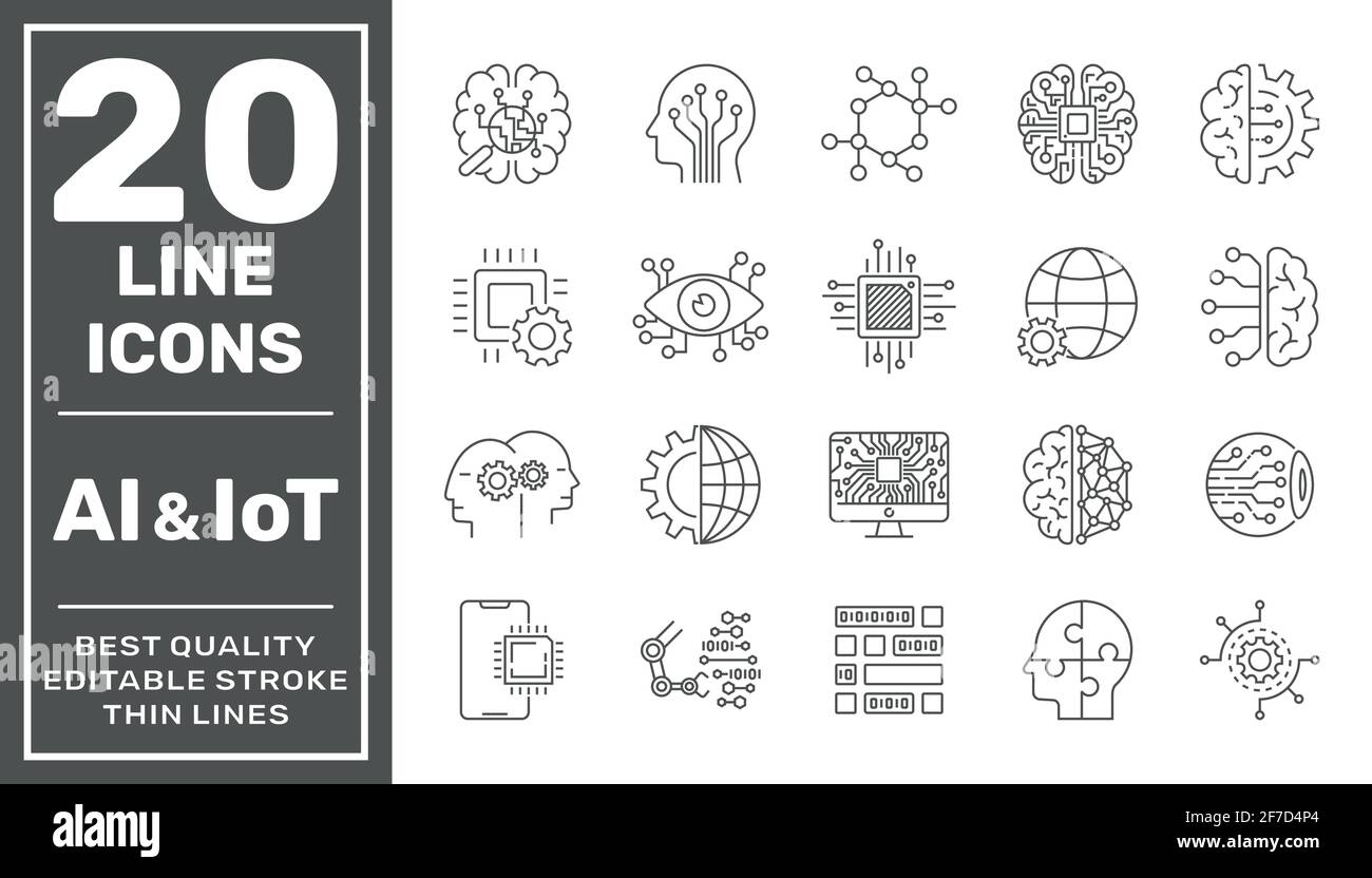 Artificial intelligence and Iot line icons set. Black vector illustration. Editable stroke. EPS 10 Stock Vector