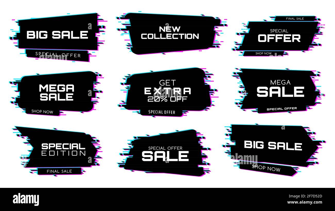 Sale labels with glitch effect, vector icons Stock Vector