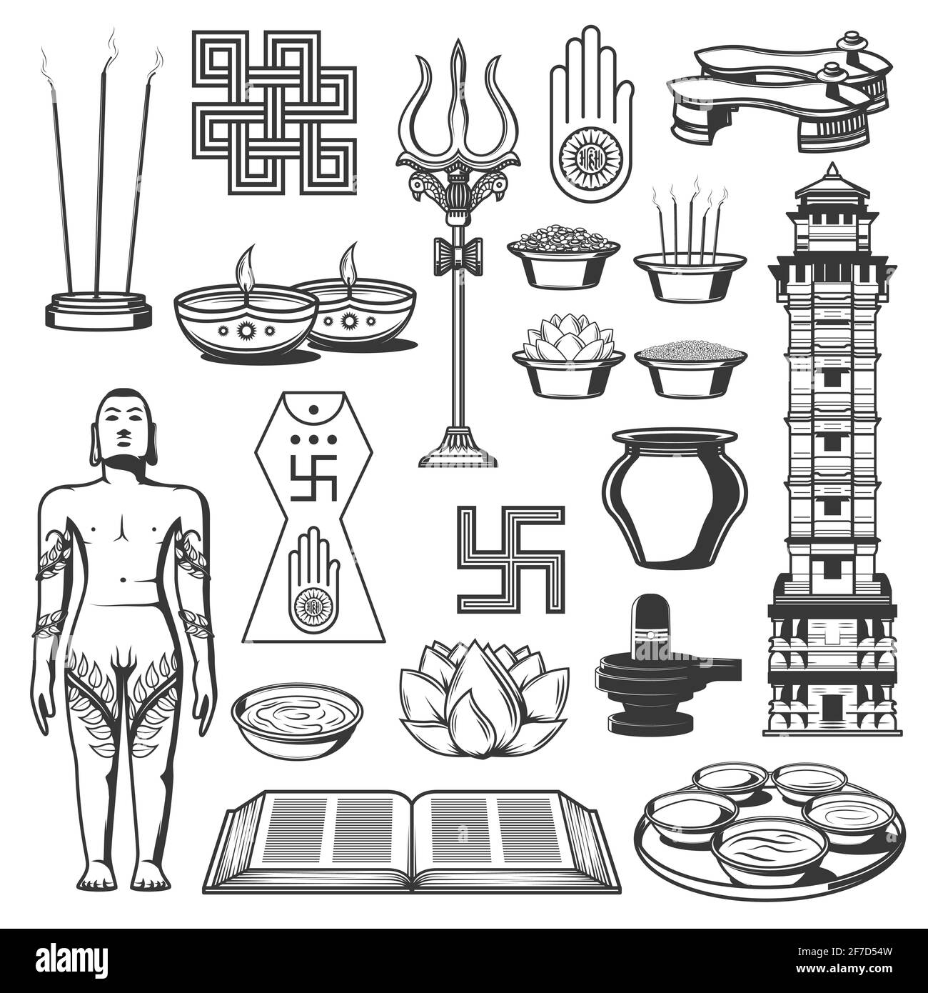 Jainism religion, Jain Dharma icons and symbols Stock Vector