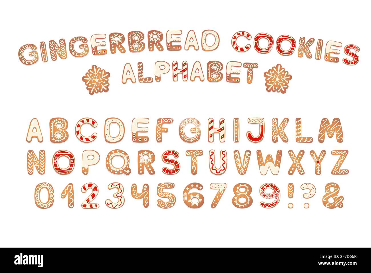 Christmas gingerbread cookies alphabet. Biscuit letters for xmas messages and design. Vector figures with sugar decorations. Stock Vector